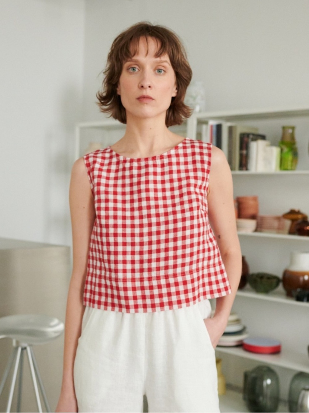 Linenfox Crop Linen Tank Top Red Gingham